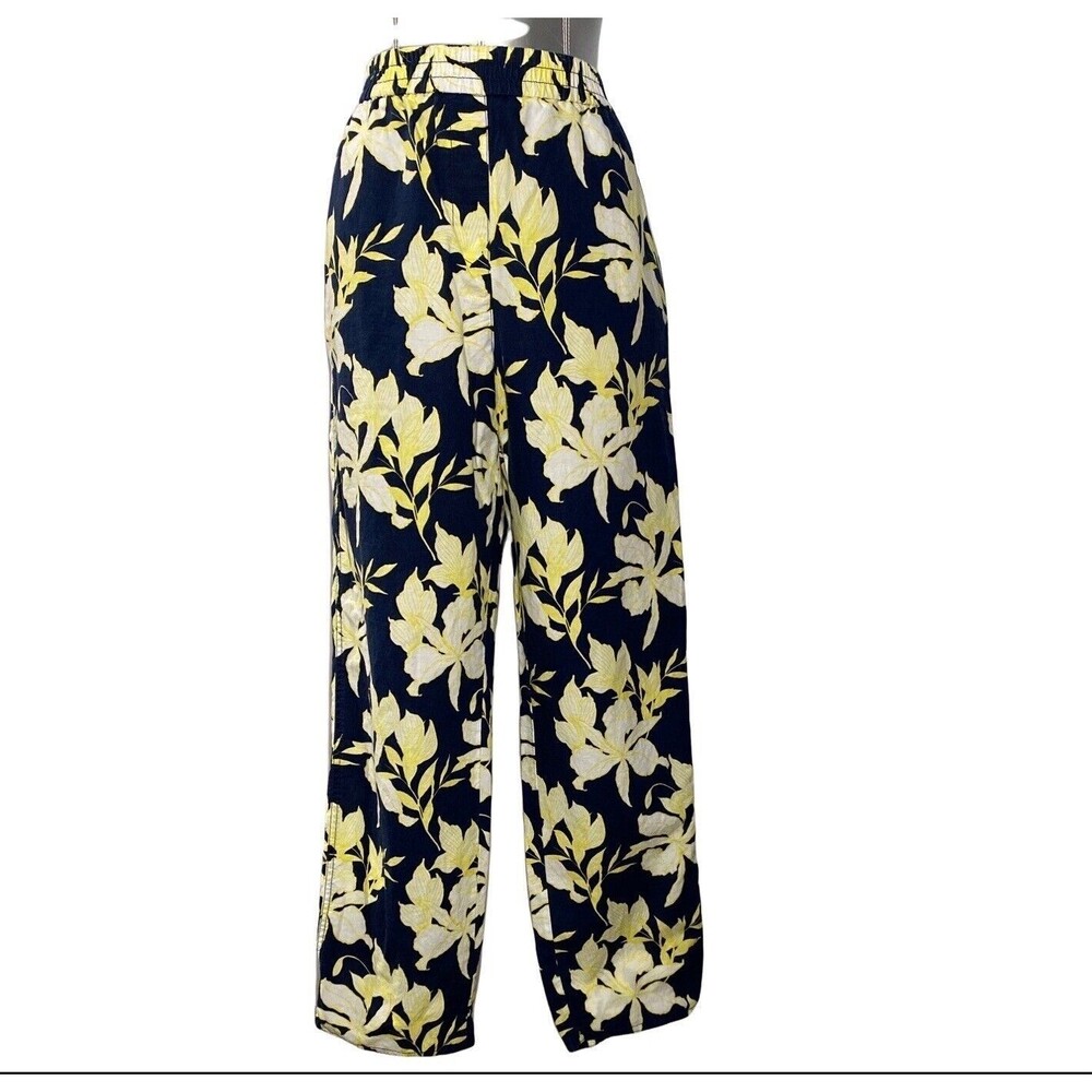 Talbots Pants 14 Navy Blue White Yellow Flowers Straight Leg Linen Blend Career